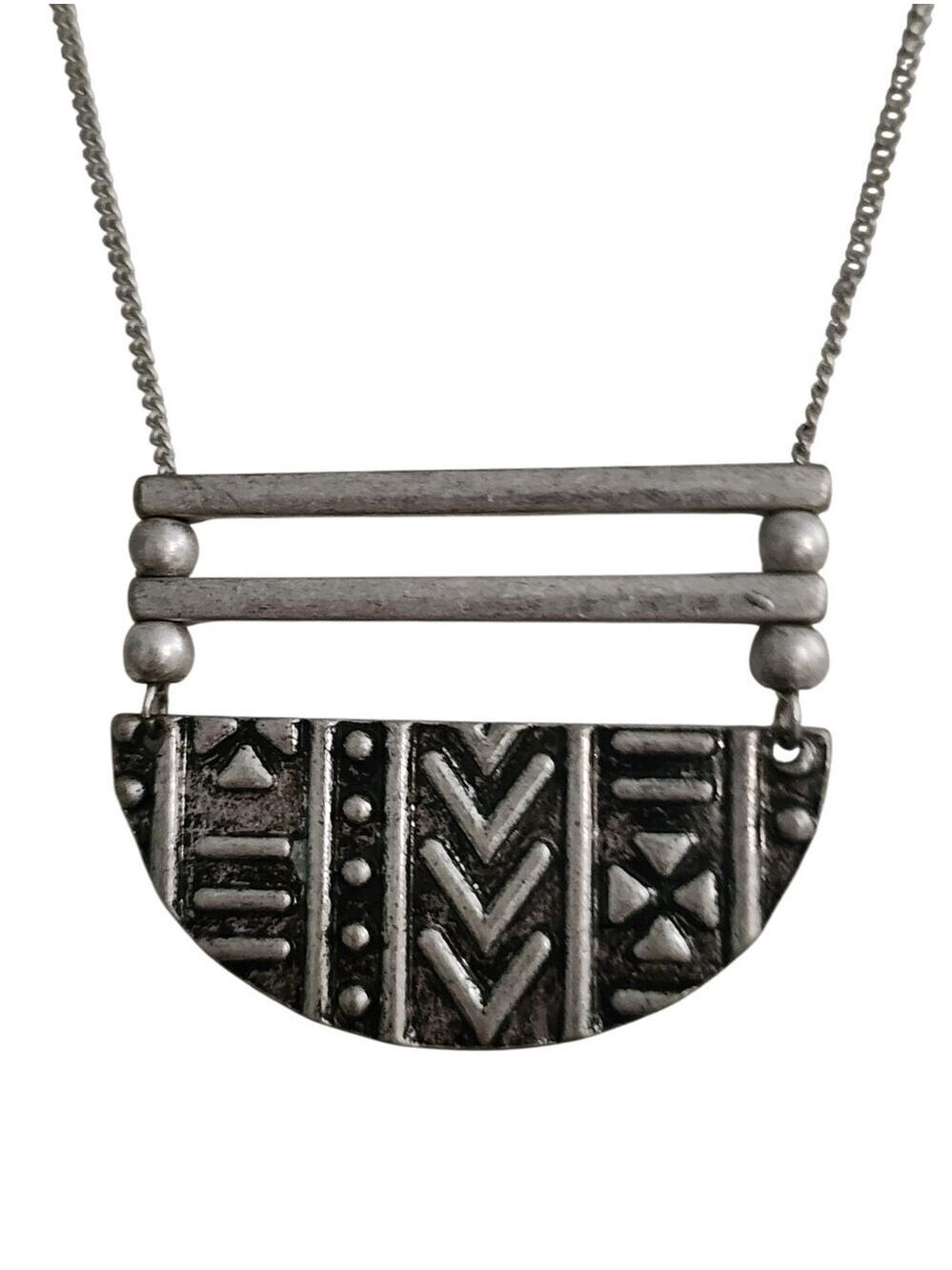 Silvertone Tribal Pattern Pendant Necklace